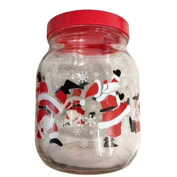 Vintage Christmas Santa Glass Jar Red Lid Holiday Candy Cookie Kitchen Decor - Picture 3 of 8